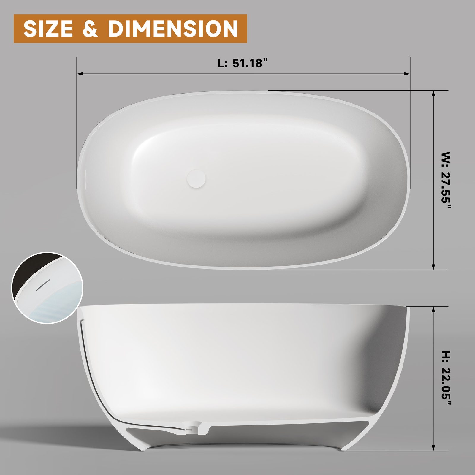 Compact Egg-Shaped Freestanding Tub 1300 mm: product detail 1