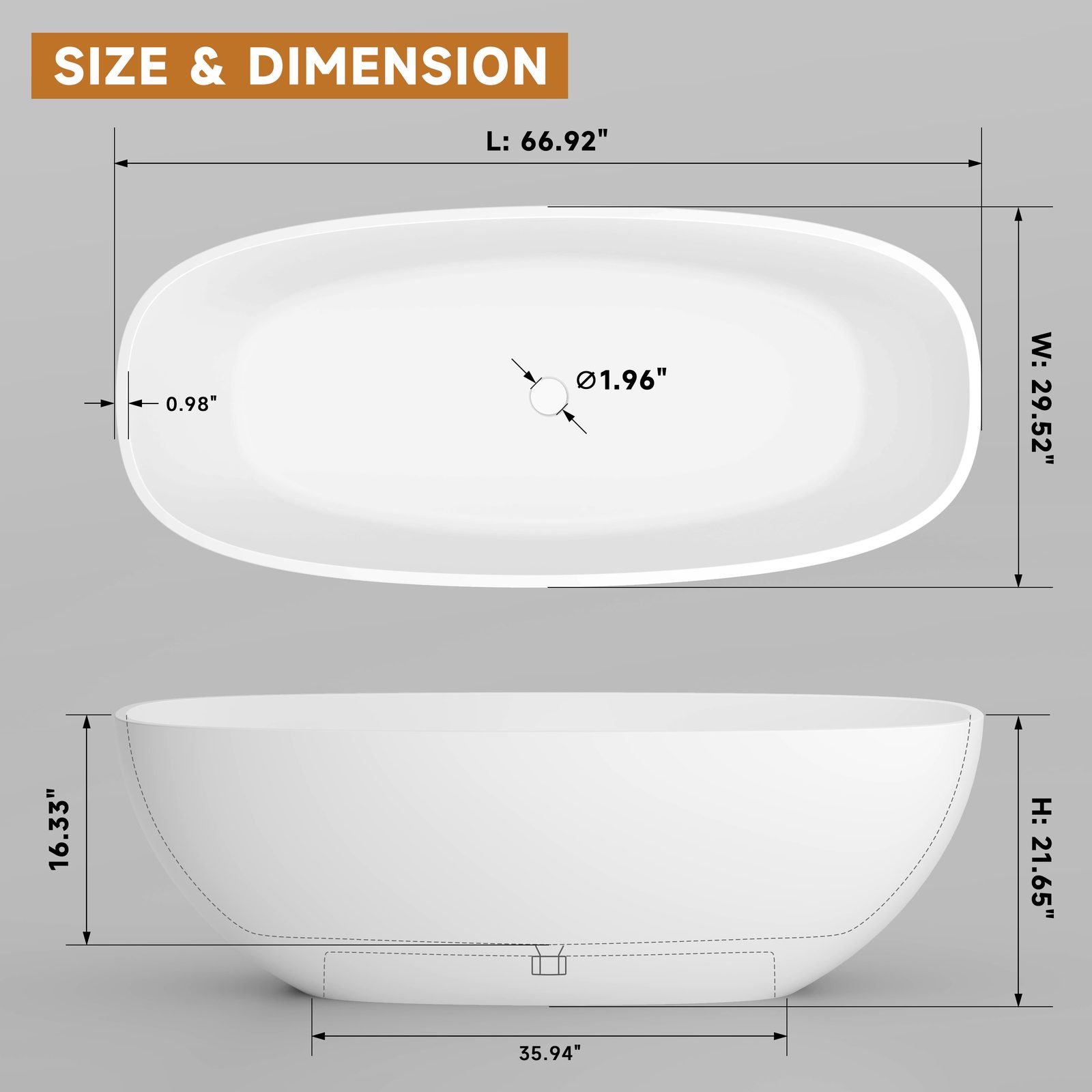 Oval Freestanding Soaking Tub 1700 mm: product detail 1
